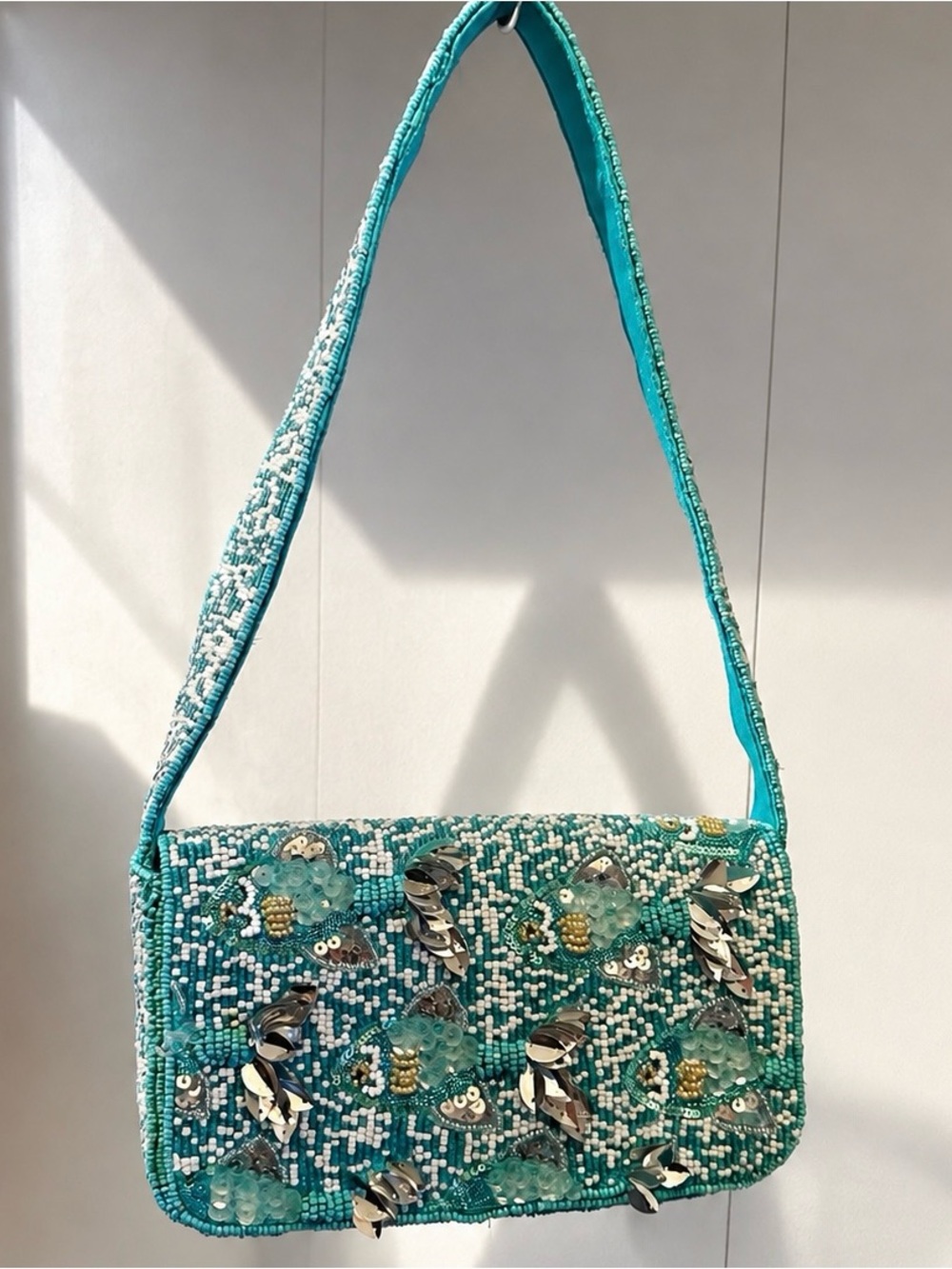 🩵 Handmade in India Turquoise Beaded Fish Shoulder Bag